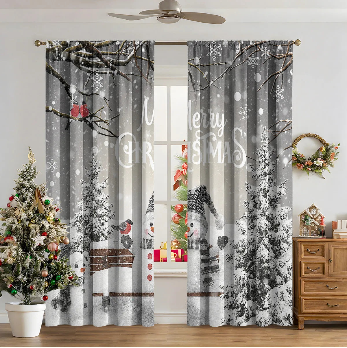 3D digitally printed modern Christmas curtain in a polyester fabric, showing one of fifteen available design styles.