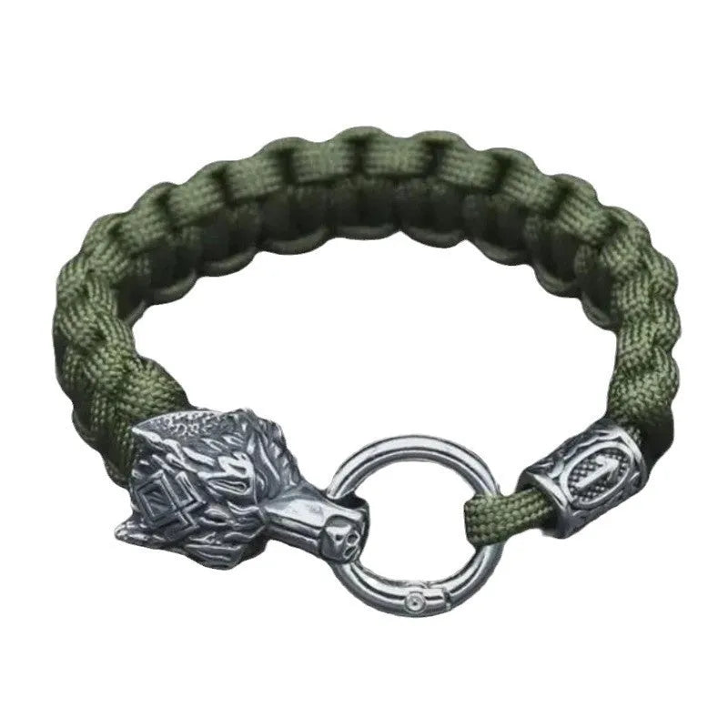 Stainless steel wolf head bracelet with Chinese Luen character charm in camouflage colour