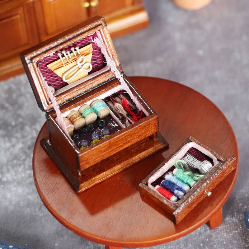 Miniature European-style wooden sewing box ornament with birch construction measuring 2.2cm by 3.4cm