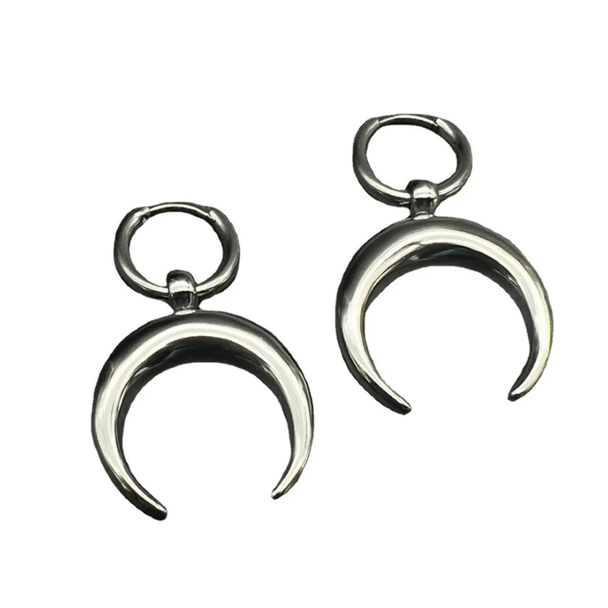 Silver geometric big hoop earrings with a gothic moon charm and clip-on fastening