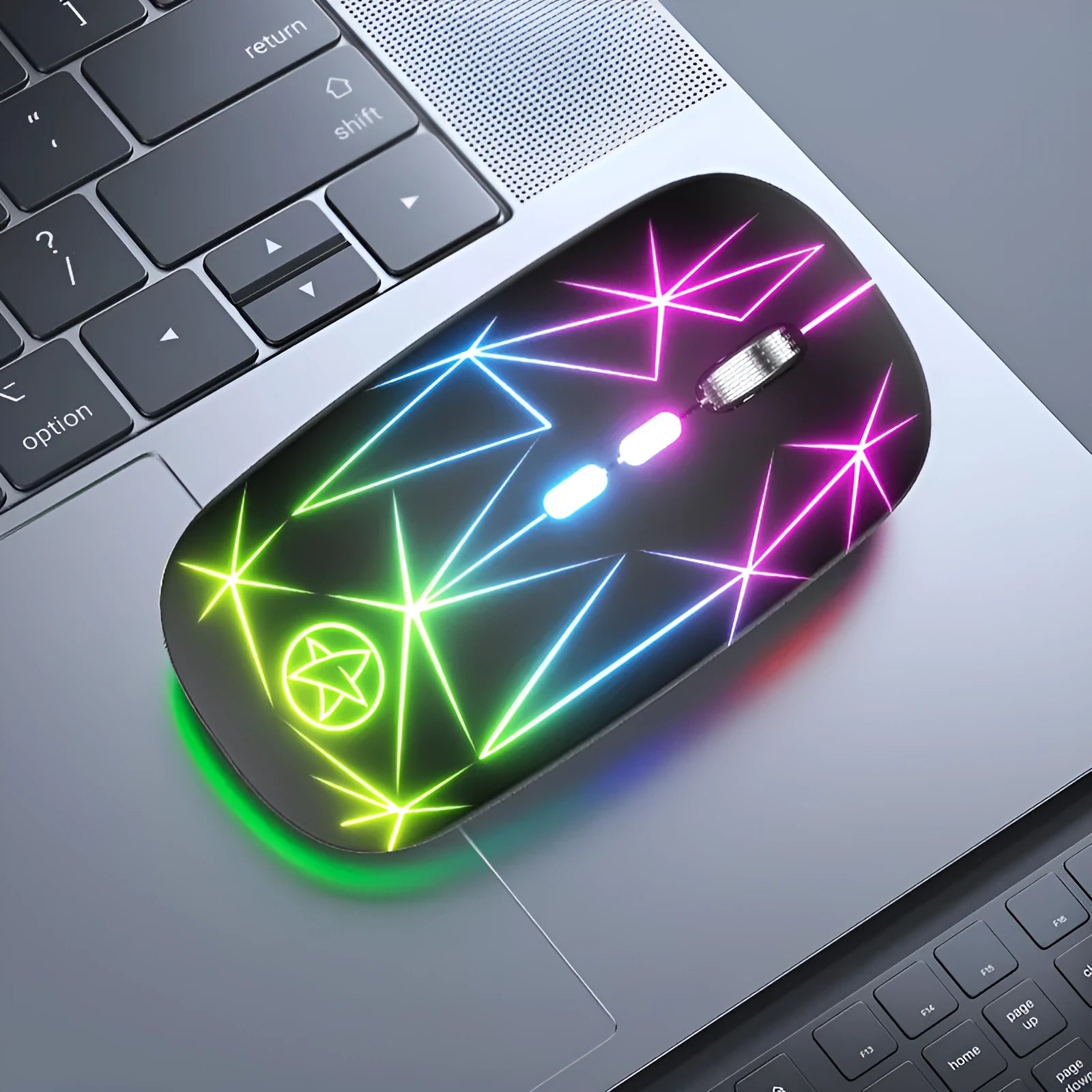 Wireless Bluetooth mouse with luminous charging in star black colour showing five buttons and metal roller wheel