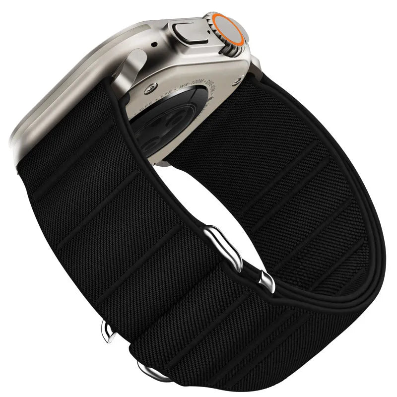 Elastic nylon Apple Watch band with stainless steel buckle in multiple colour options