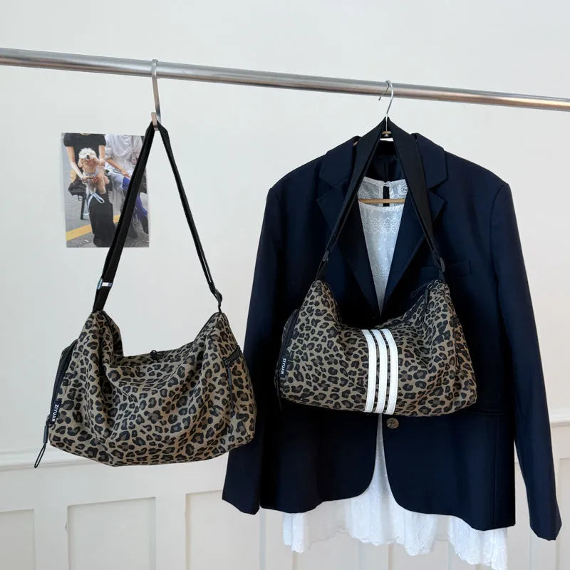 Large capacity leopard print sports messenger bag with cross-body strap and stitching details