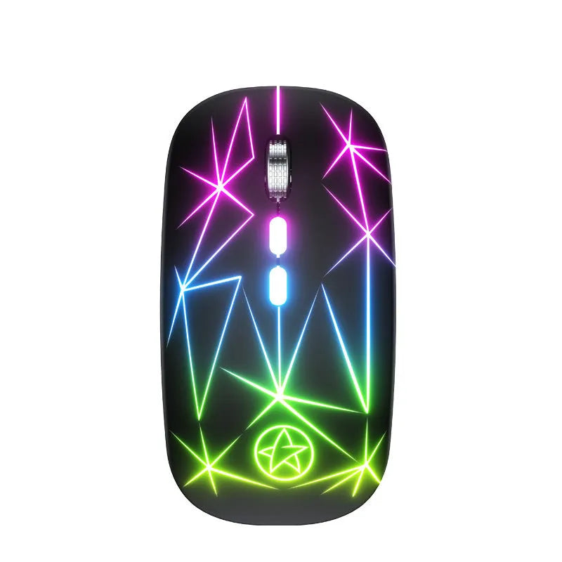 Wireless Bluetooth mouse with luminous charging in star black colour showing five buttons and metal roller wheel