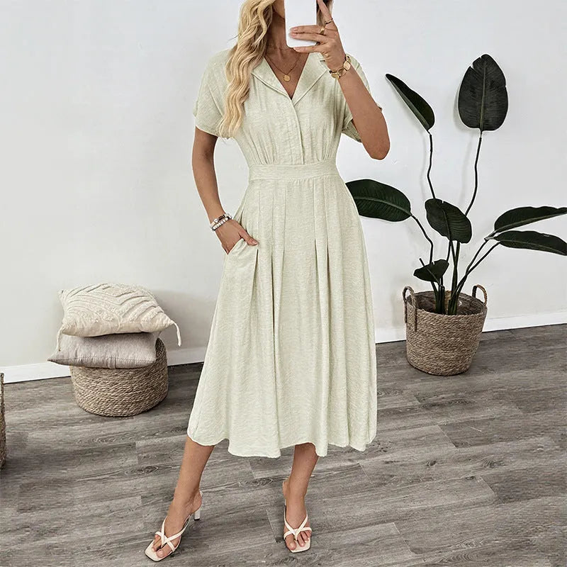 Light green women's lapel collar shirt dress with waist-tight skirt and pockets