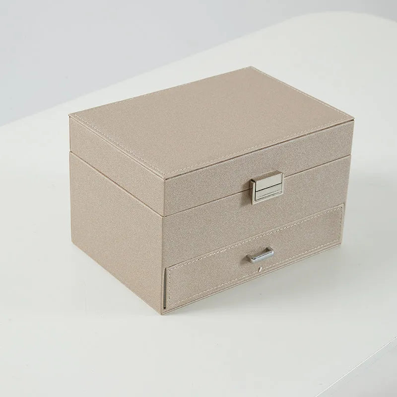 Hard shell leather jewellery storage box in beige solid colour showing dimensions