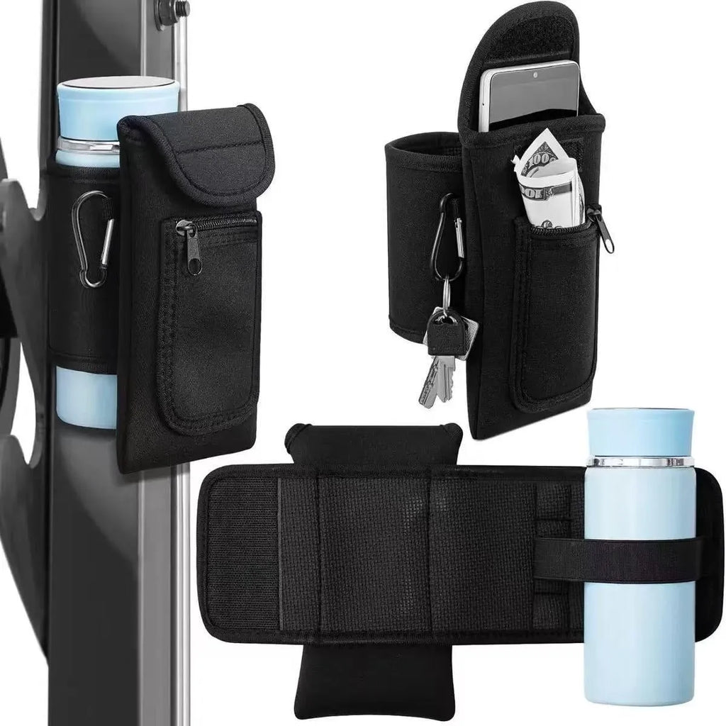 Fitness magnetic cup sleeve in grey with carabiner buckle, holding a large black sports water bottle.
