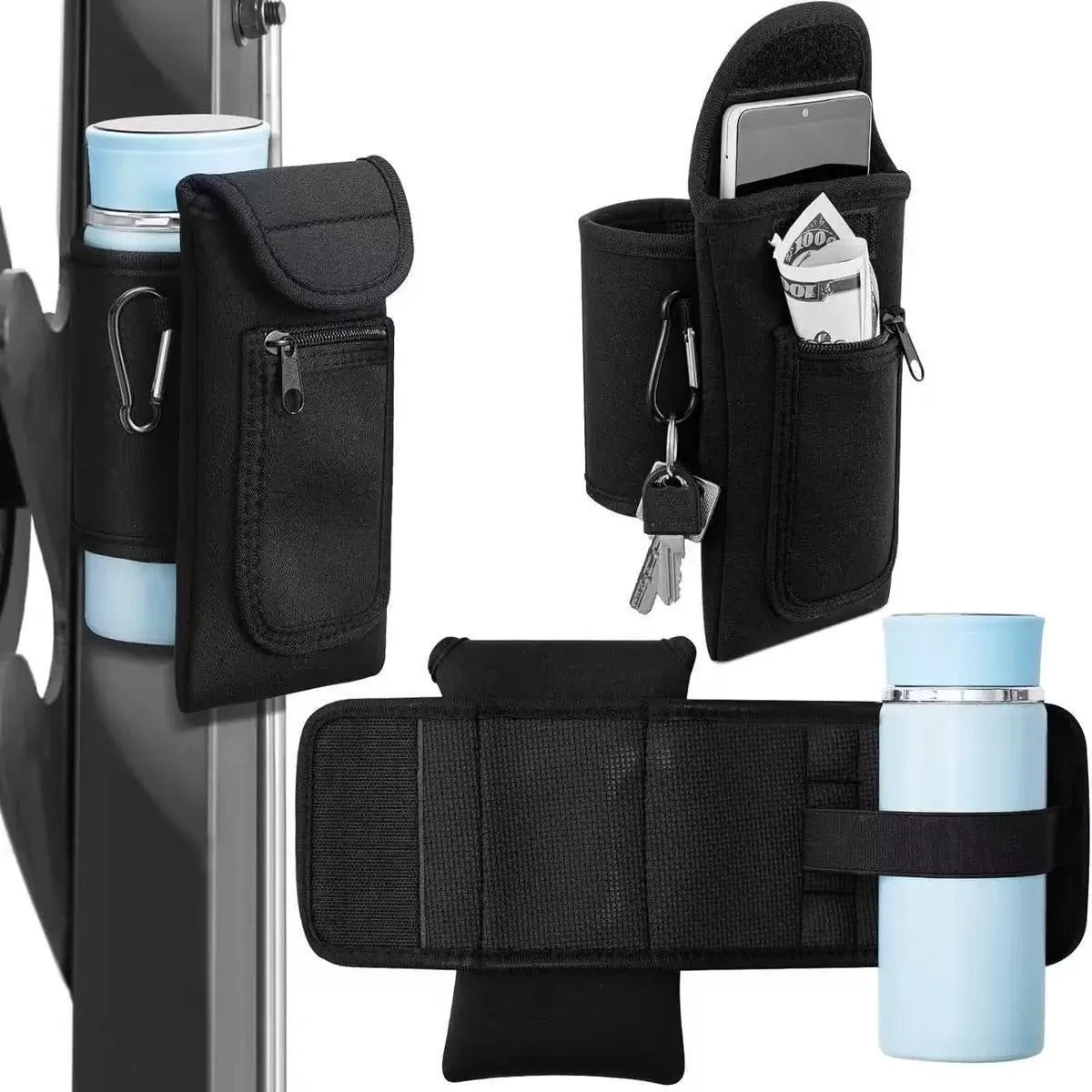 Fitness magnetic cup sleeve in grey with carabiner buckle, holding a large black sports water bottle.