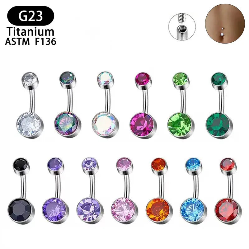 Double-headed zircon titanium alloy navel stud body jewellery on a white background.
