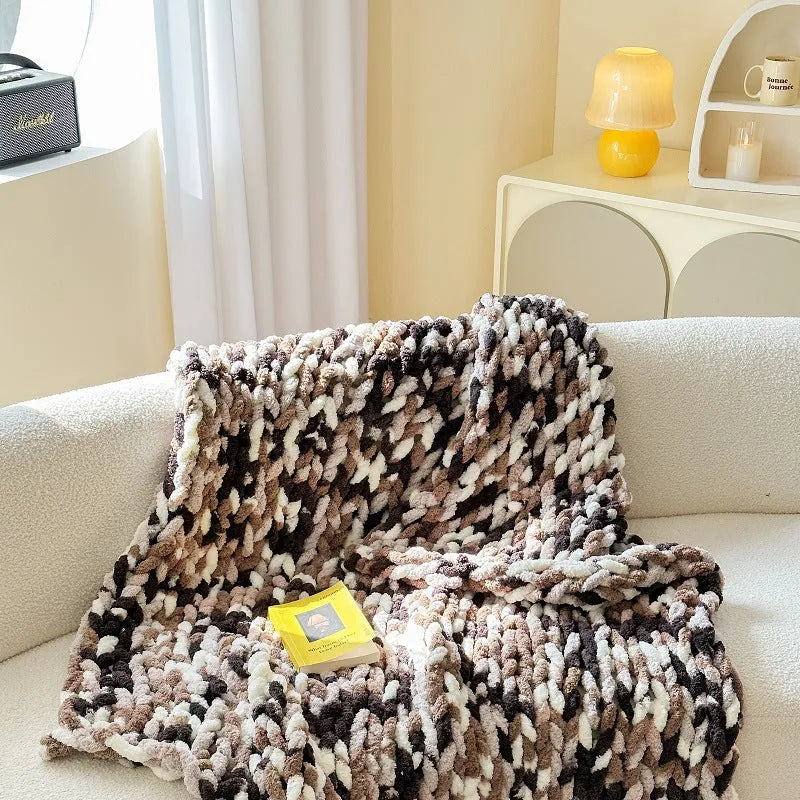 Handmade striped chenille cover blanket in choice of colours, shown laid flat displaying its 130x170cm size.