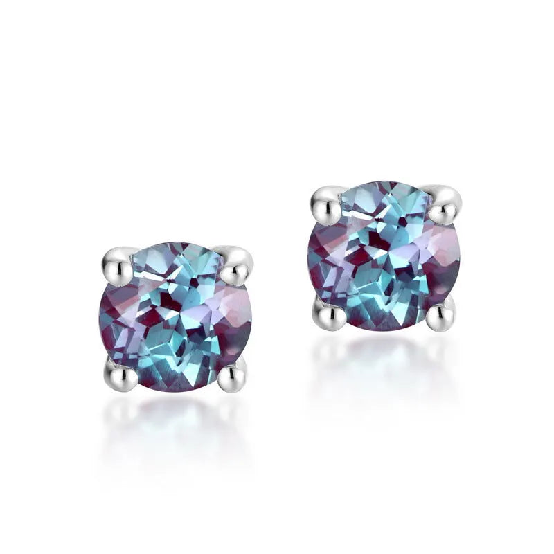 925 silver Alexander stone ear studs with geometric shape and cultivate Alexandrite colour