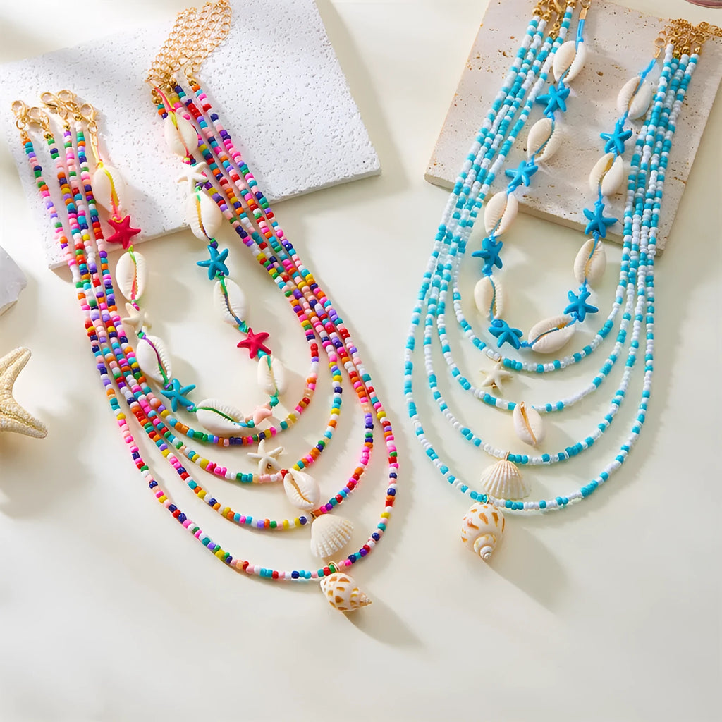 Multi-layer women's necklace set with starfish, shell and conch beads on adjustable 21-50cm perimeter