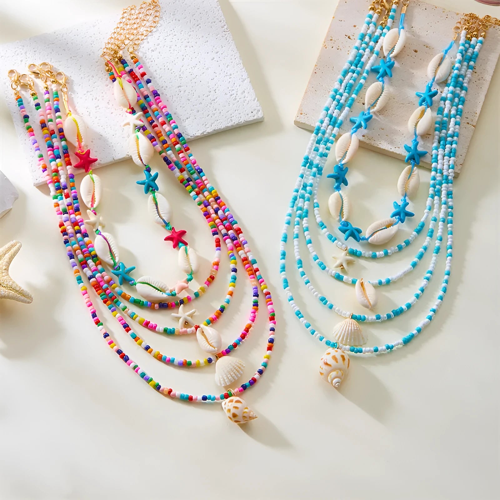 Multi-layer women's necklace set with starfish, shell and conch beads on adjustable 21-50cm perimeter