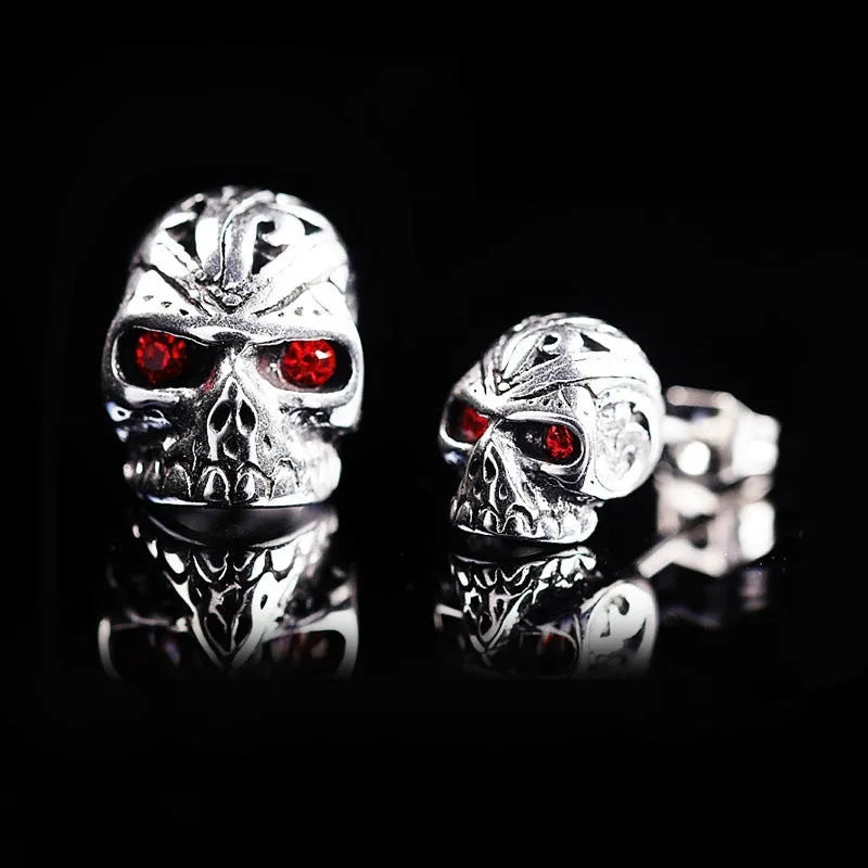 Retro skull stud earrings with red eye ghost head design and alloy artificial gemstone inlay