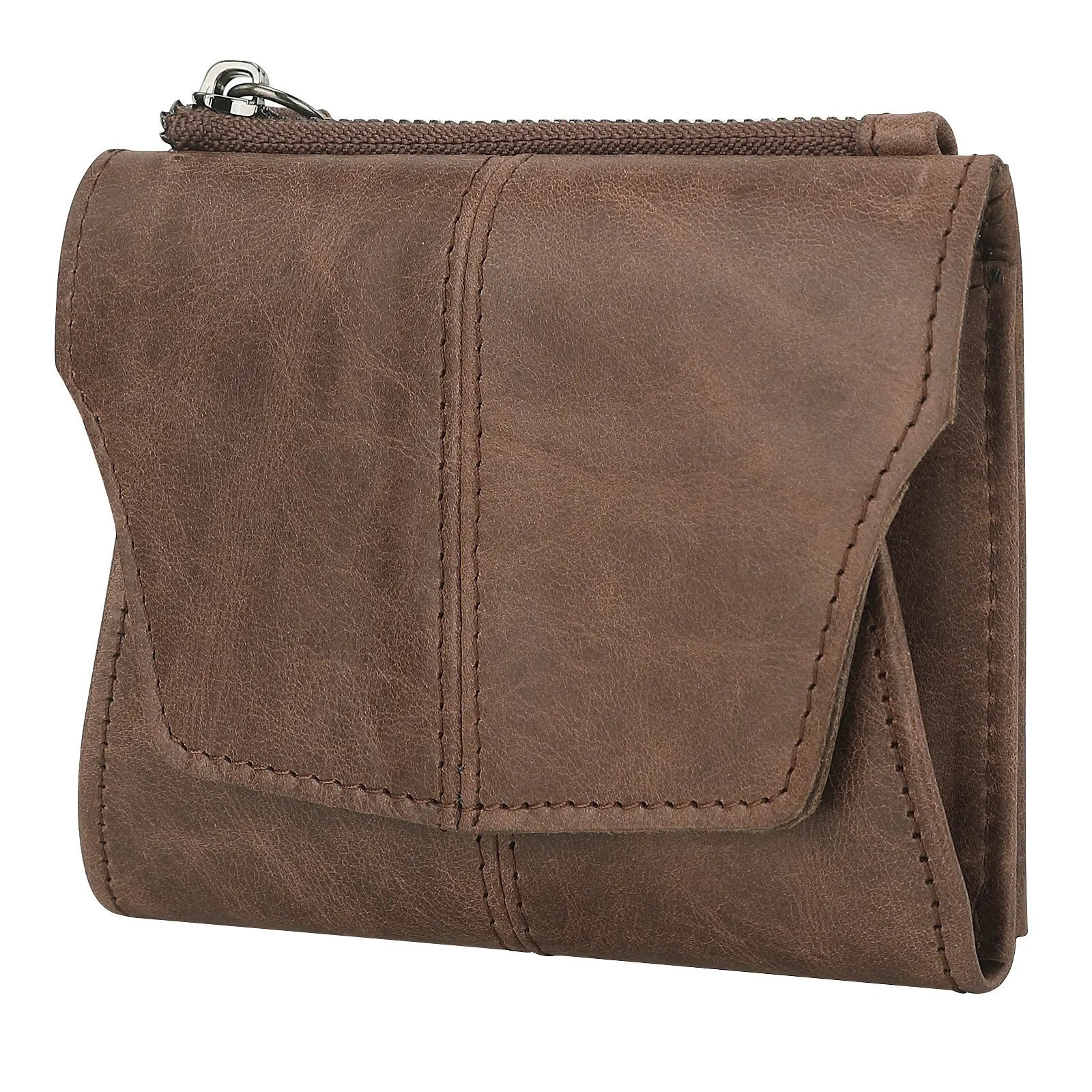 Genuine cowhide leather coin purse with stitching details in European Retro style