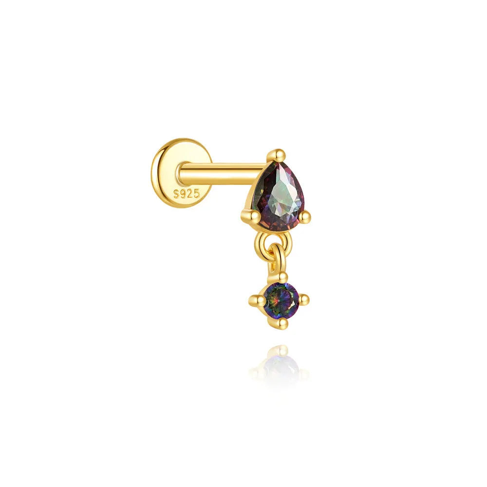 S925 sterling silver geometric flat head earring with a shiny rainbow stone on an alloy backing.