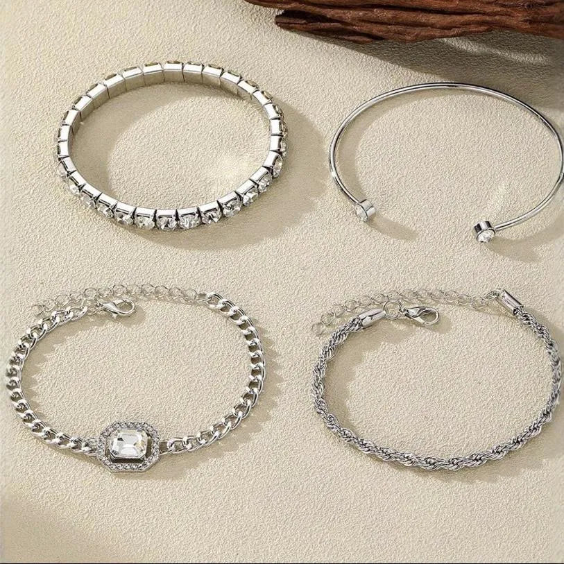 Women's geometric retro alloy bracelet set of four pieces with square diamond designs