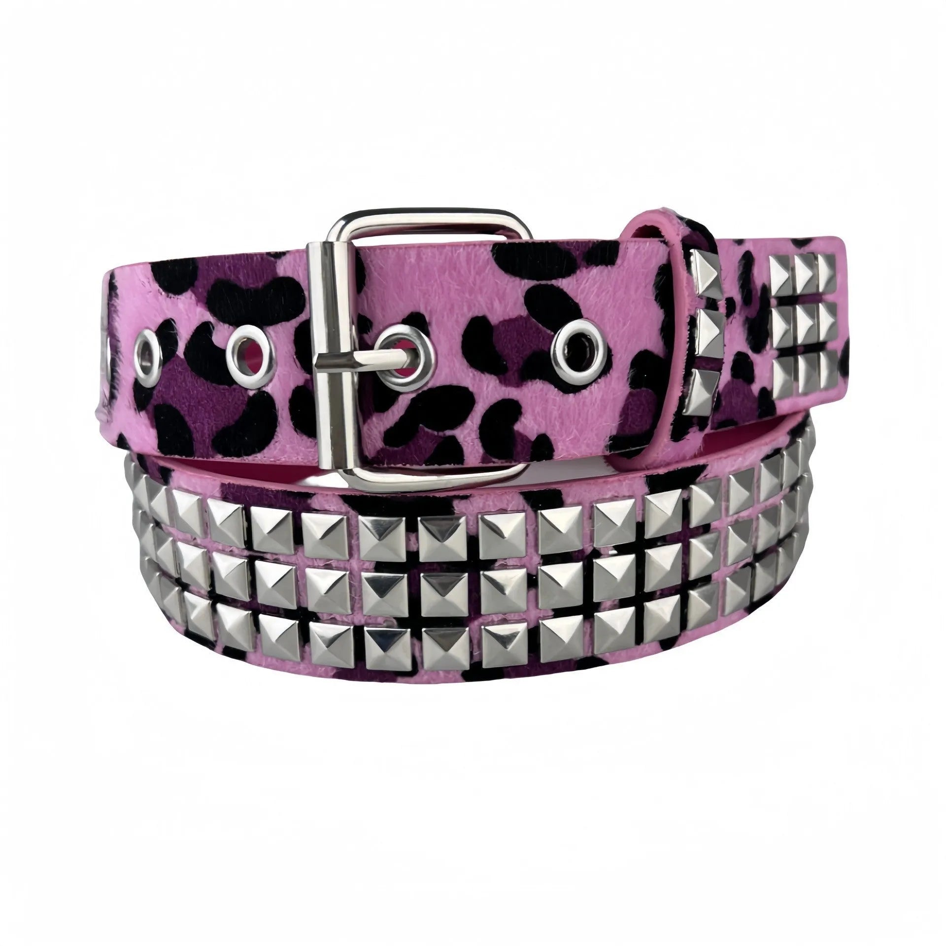 Brown leopard print women's punk belt with silver metal rivets and alloy buckle