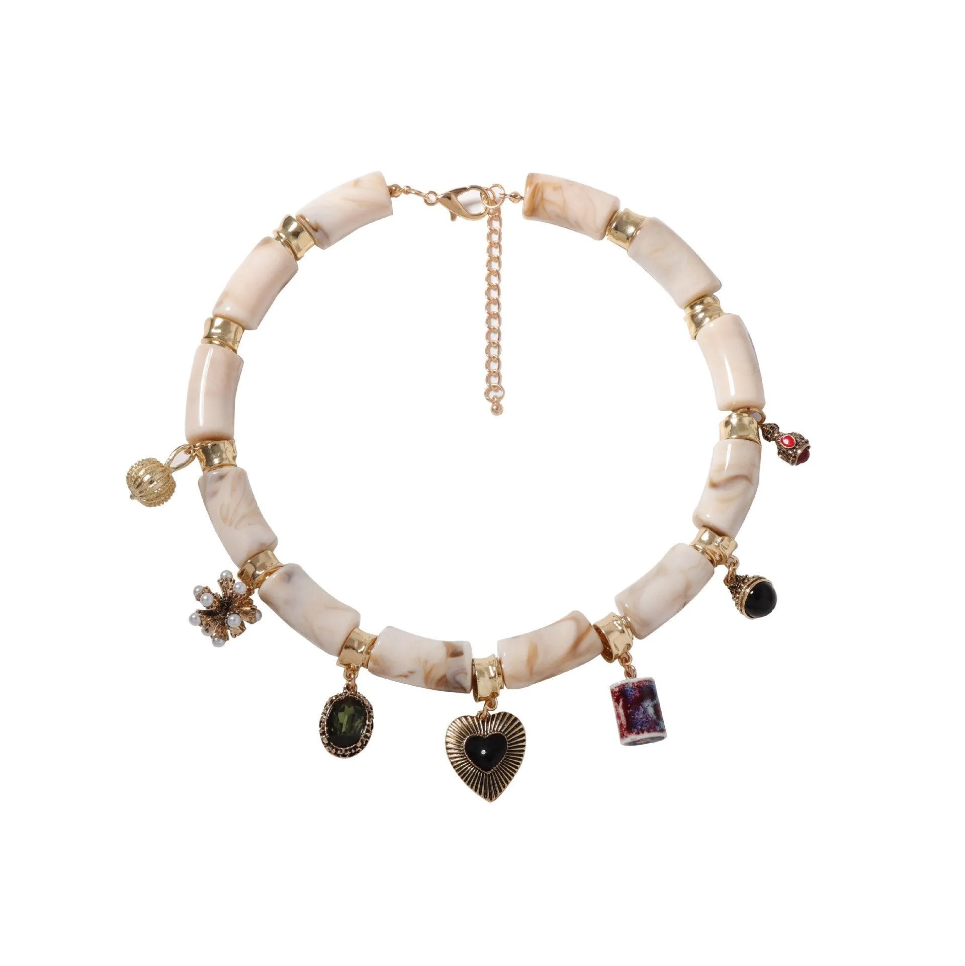 Electroplated heart-shaped resin necklace with bamboo design elements