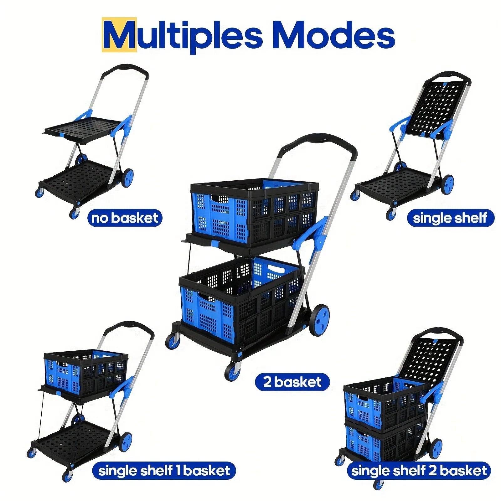 Foldable blue shopping trolley with two fabric basket compartments on a plastic frame.