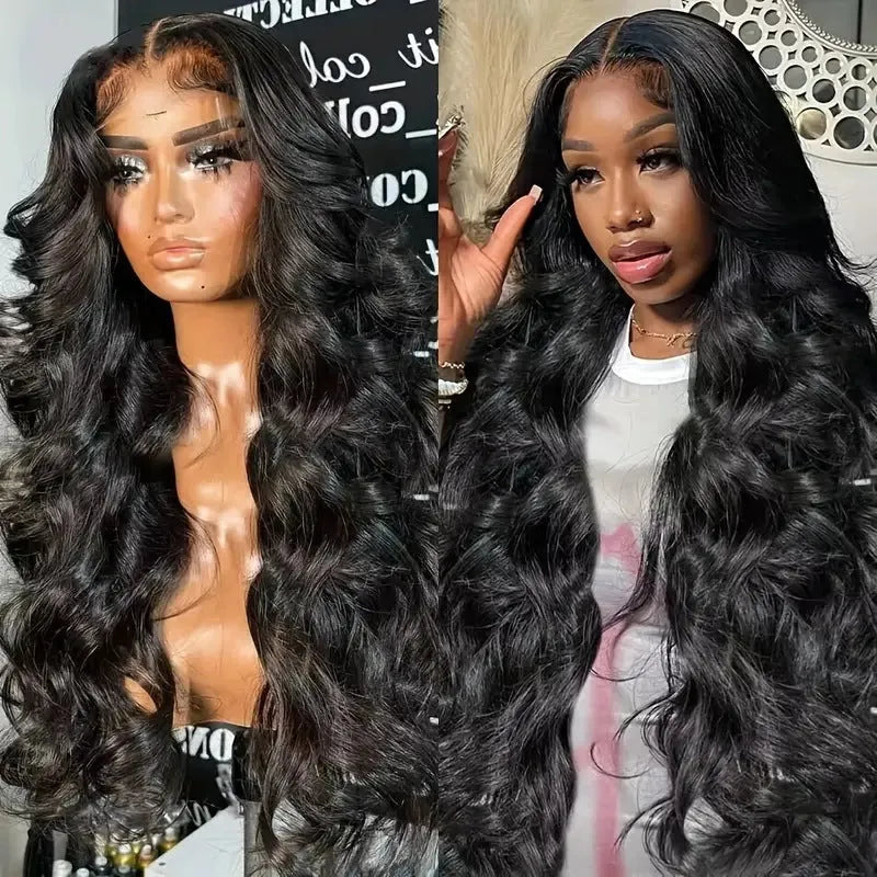Black synthetic lace wig with big wave hairstyle, shown on a wig stand.