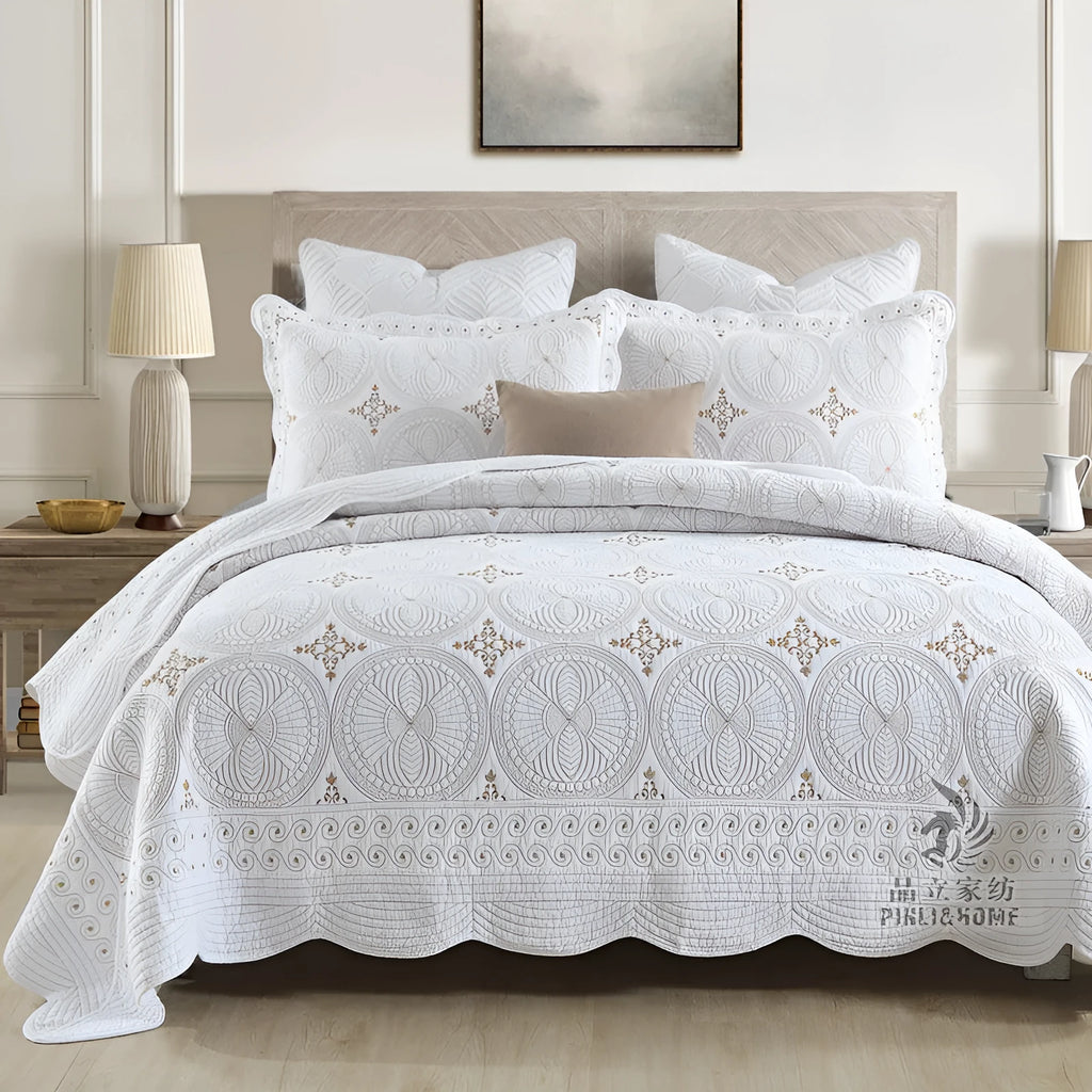 Pure cotton embroidered bedspread and two pillowcases set on a 1.8 metre bed.