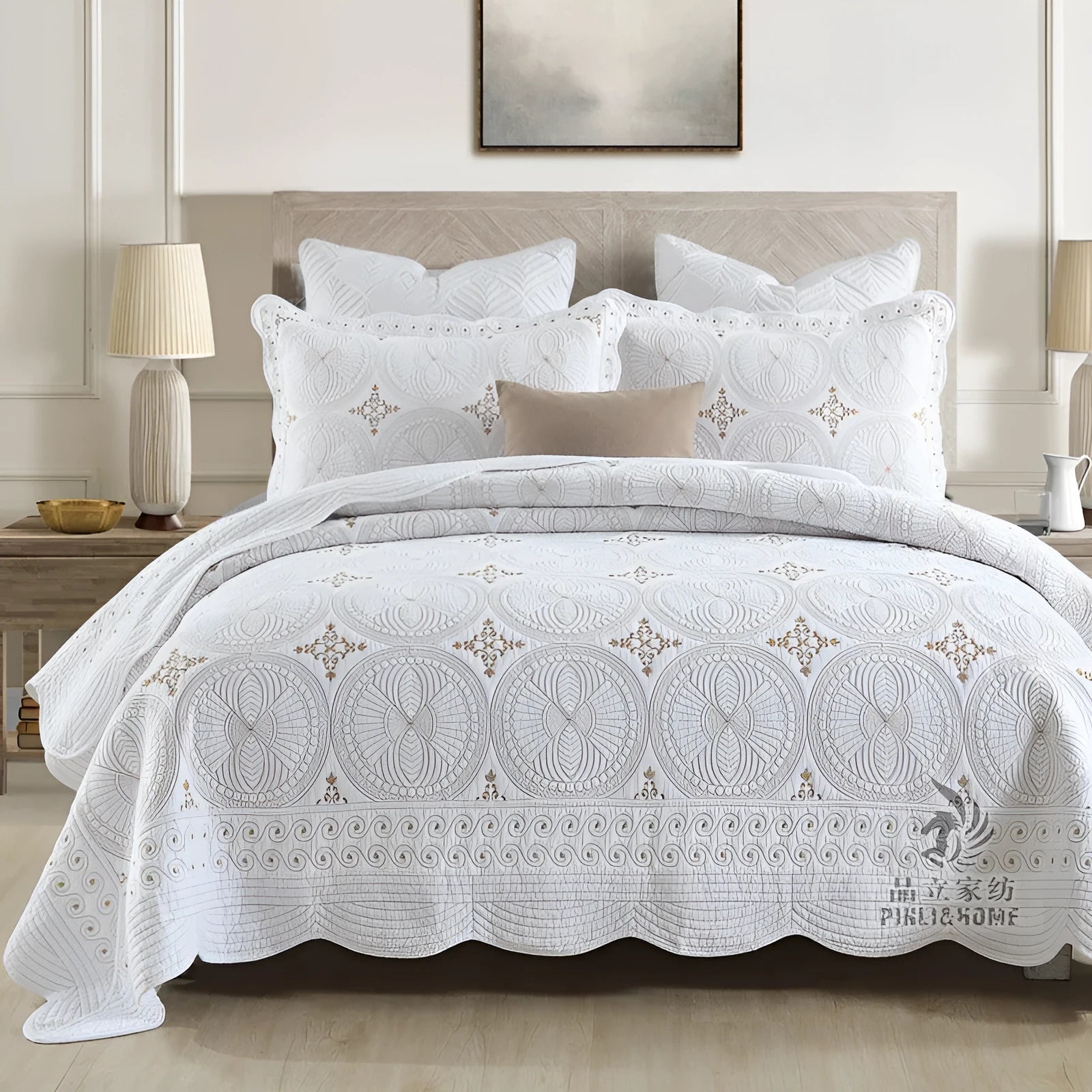 Pure cotton embroidered bedspread and two pillowcases set on a 1.8 metre bed.