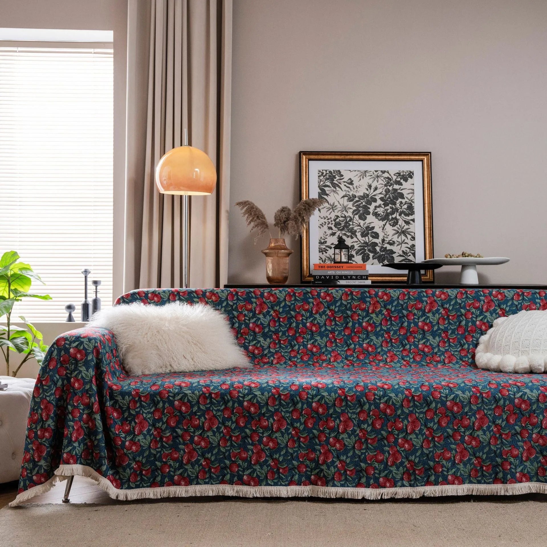 Thick jacquard floral sofa cover in American country style, showing detailed cherry flower pattern on white background.