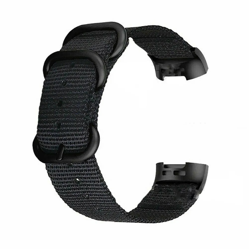 Nylon replacement strap with buckle for Fitbit Charge 2, 3, 4, and 5 fitness trackers.