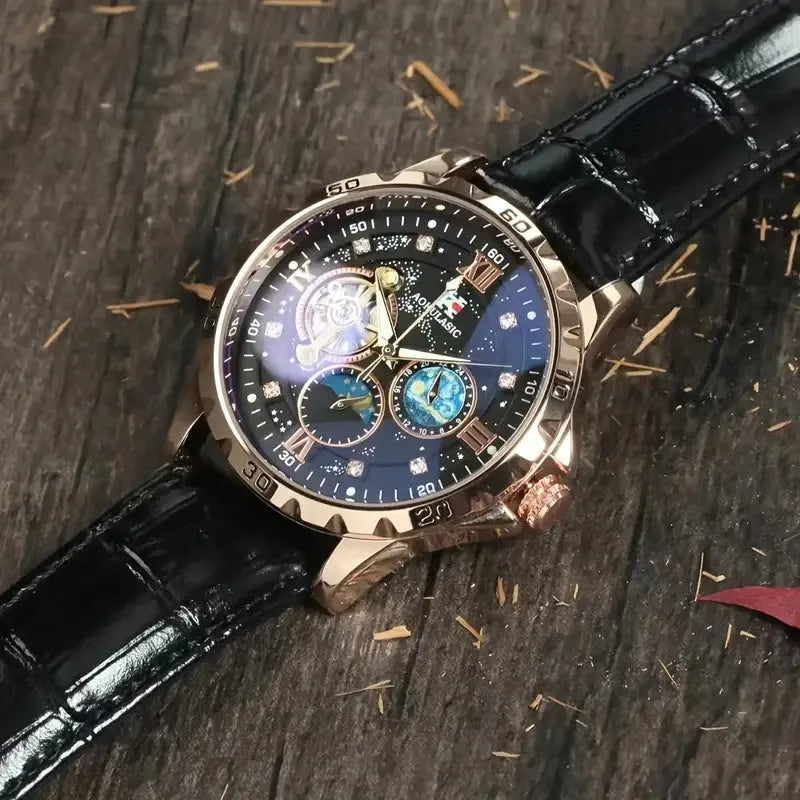 Men's black and rose gold automatic watch with hollow dial and leather strap.