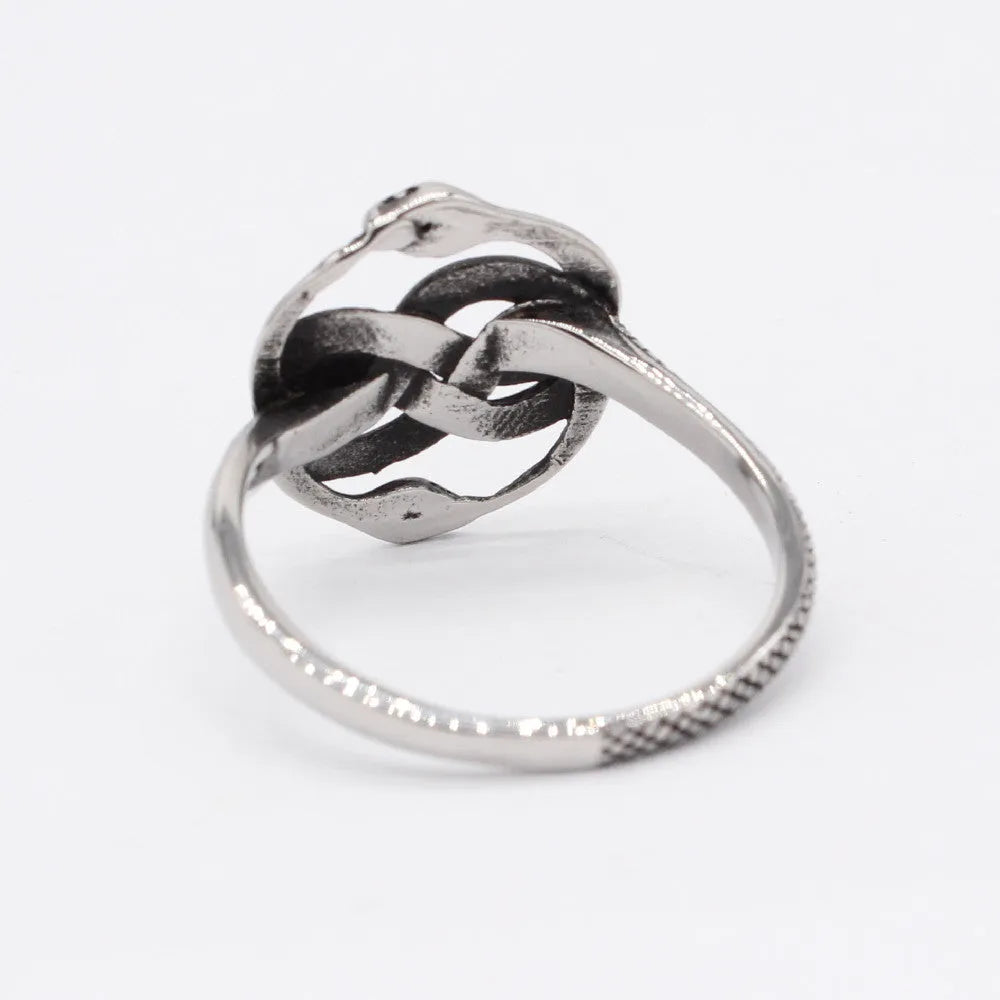 Close-up of a retro-style double snake ring made from titanium steel in a steel colour finish.