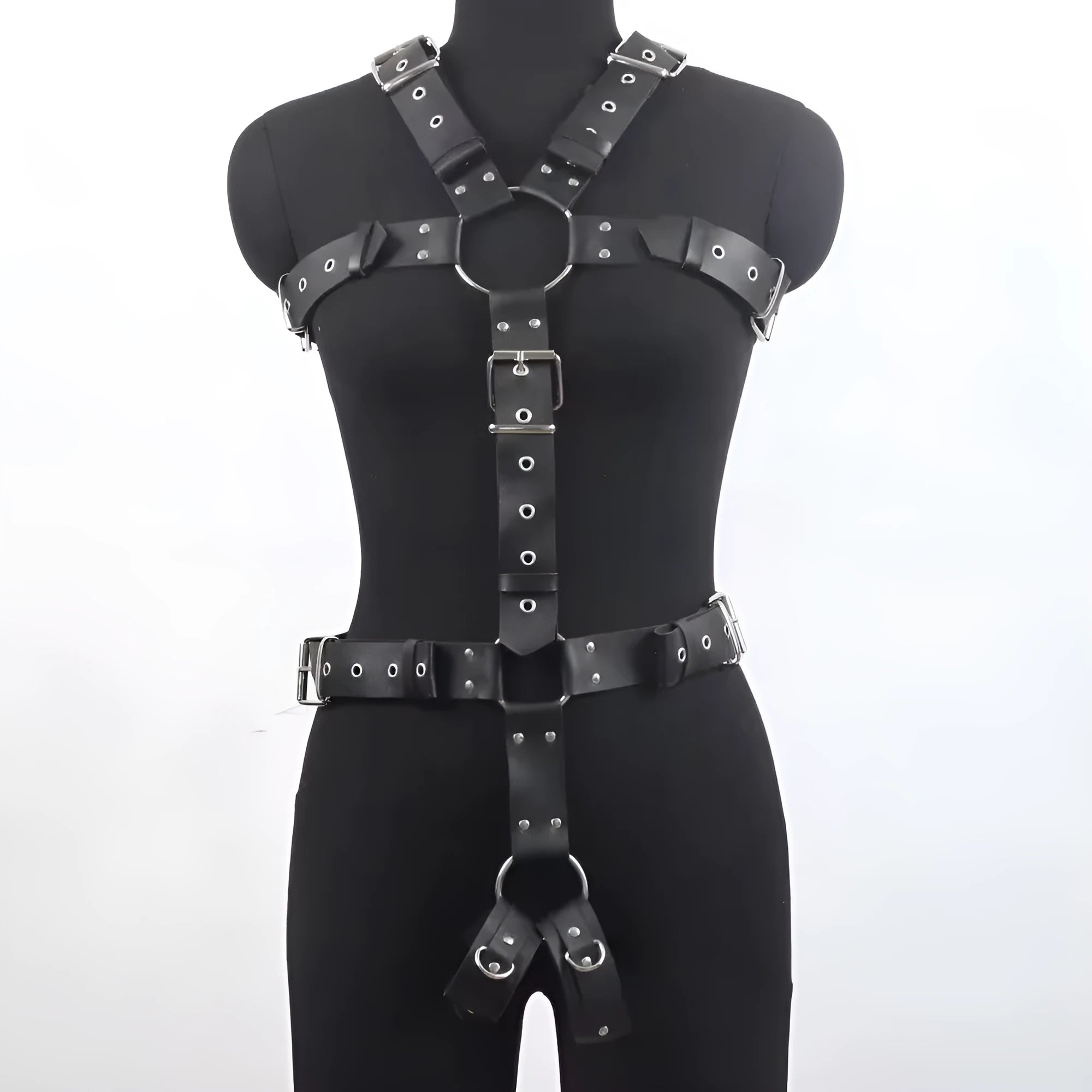 Black leather binding suit with pin buckle fastening for waist shaping