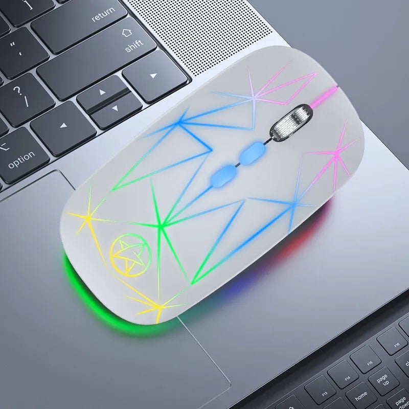 Wireless Bluetooth mouse with luminous charging in star black colour showing five buttons and metal roller wheel
