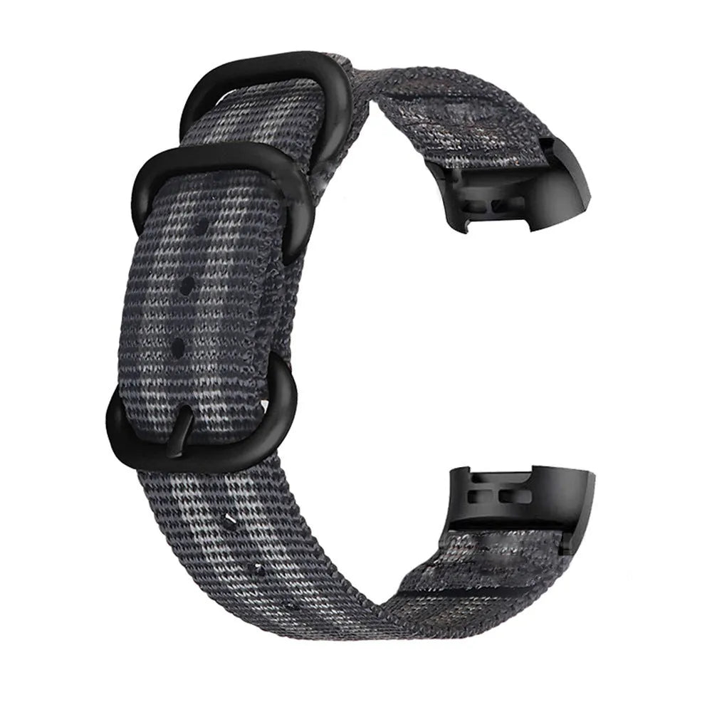 Nylon replacement strap with buckle for Fitbit Charge 2, 3, 4, and 5 fitness trackers.