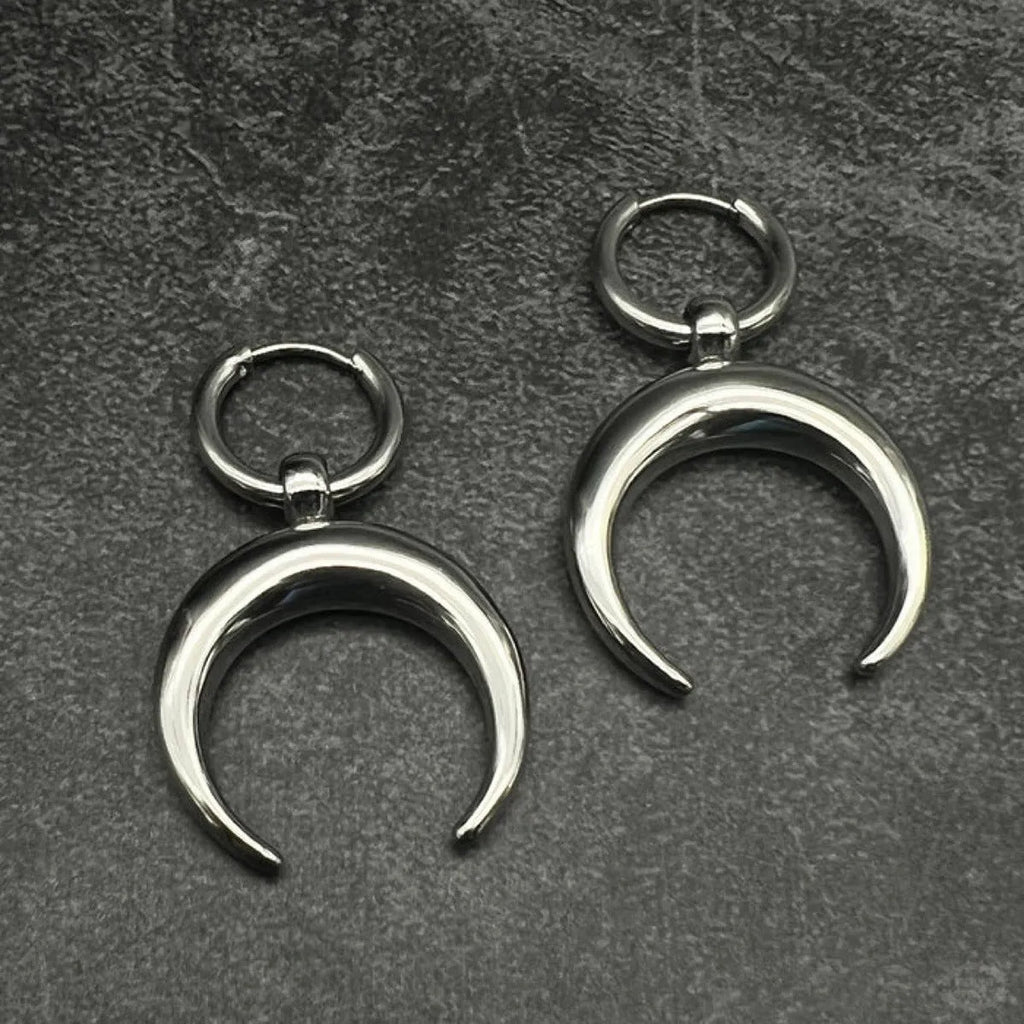 Silver geometric big hoop earrings with a gothic moon charm and clip-on fastening
