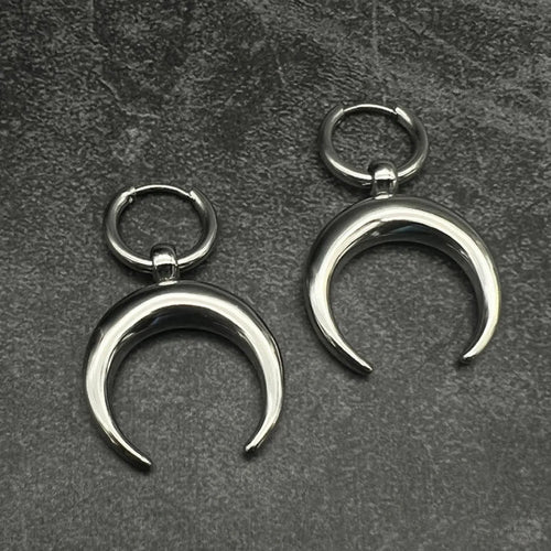 Silver geometric big hoop earrings with a gothic moon charm and clip-on fastening
