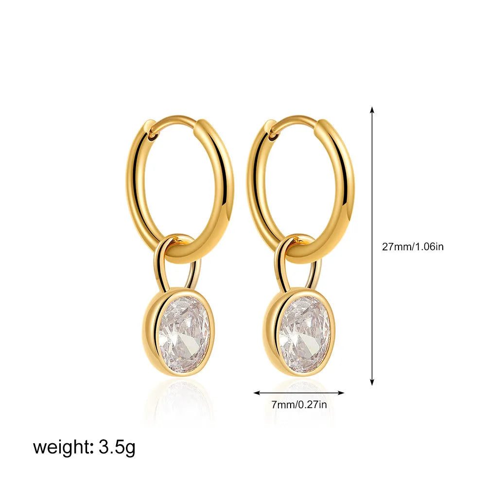 Women's oval zircon earrings in retro copper setting, showing colour options: white, emerald, green, black, red, blue.