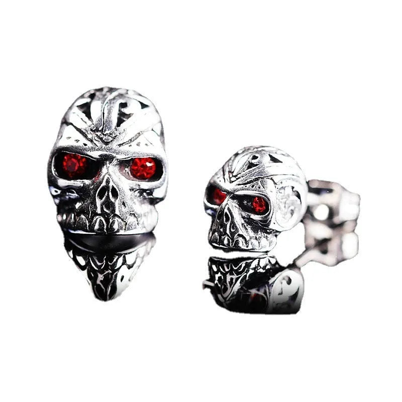 Retro skull stud earrings with red eye ghost head design and alloy artificial gemstone inlay