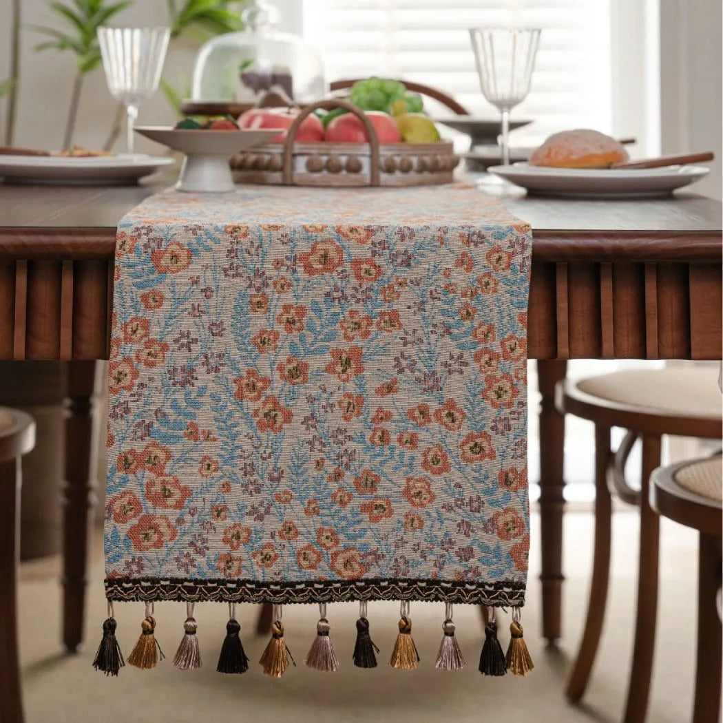 American-style Jacquard woven table runner with long tassels in floral pattern