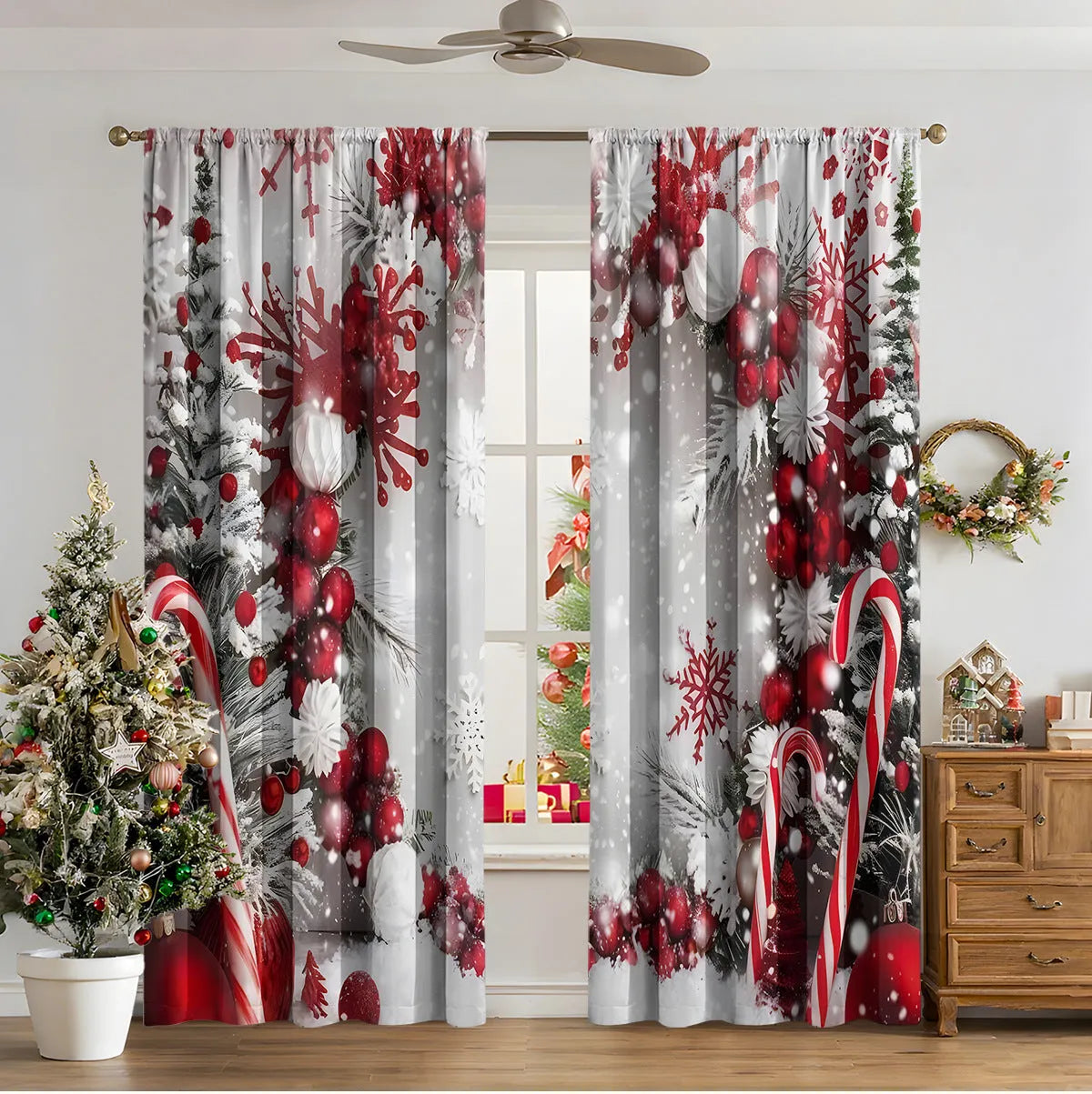 3D digitally printed modern Christmas curtain in a polyester fabric, showing one of fifteen available design styles.