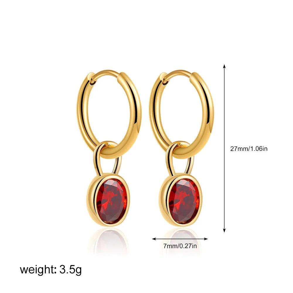 Women's oval zircon earrings in retro copper setting, showing colour options: white, emerald, green, black, red, blue.