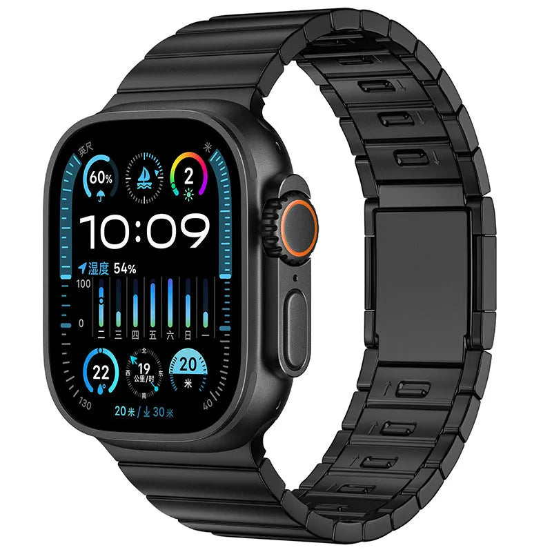 Silver stainless steel magnetic buckle strap for an Apple Watch on a wrist