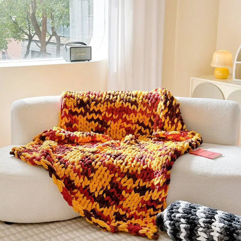 Handmade striped chenille cover blanket in choice of colours, shown laid flat displaying its 130x170cm size.