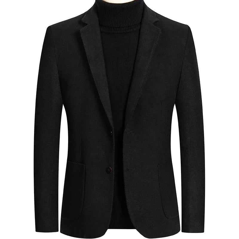 Men's slim fit grey wool suit jacket for autumn winter wear.