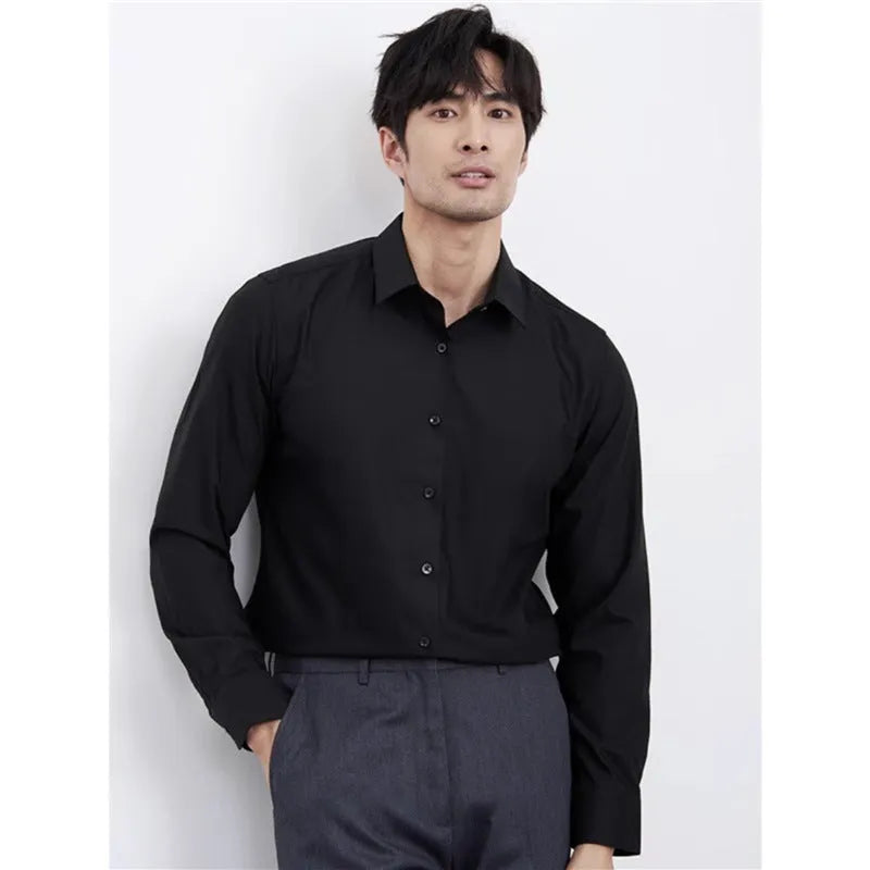 Men's wine red slim fit long sleeve shirt with a cardigan style and non-iron fabric.