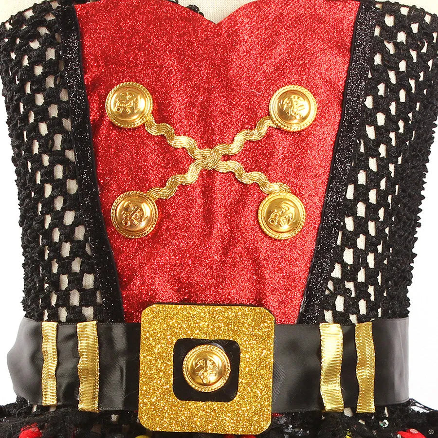 Girls sleeveless pirate dress costume with sequins, mesh, and lace detailing.