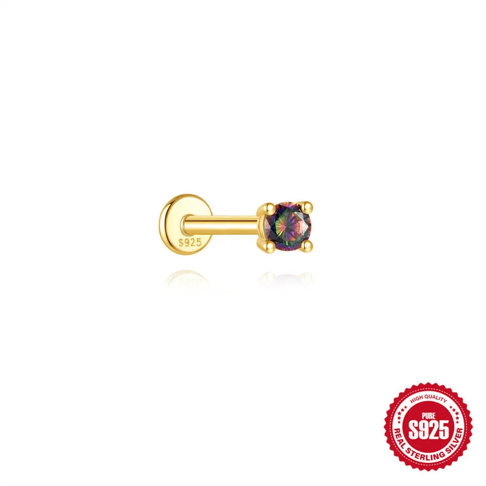 S925 sterling silver geometric flat head earring with a shiny rainbow stone on an alloy backing.