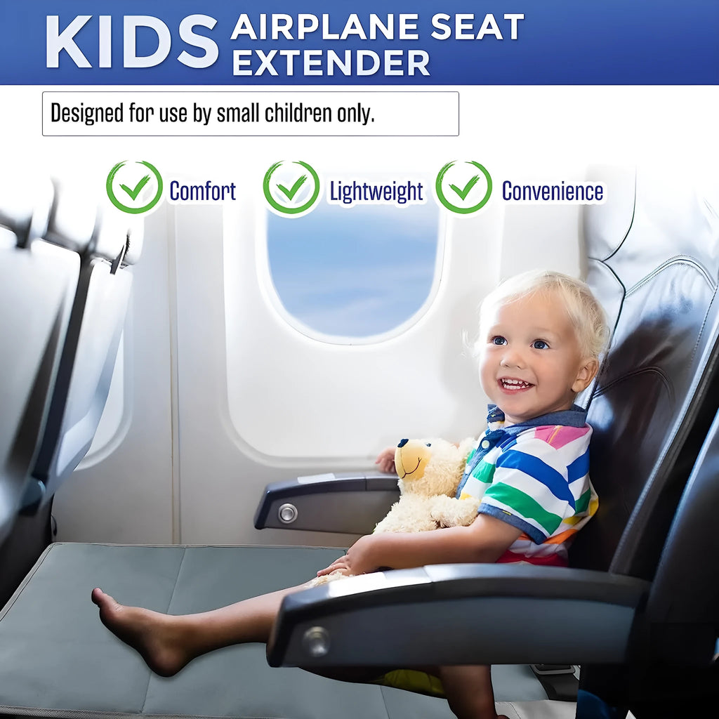 Portable blue children's aircraft pedal seat extender with extension device and drawstring pocket