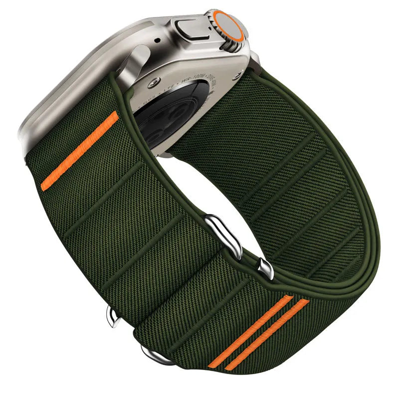 Elastic nylon Apple Watch band with stainless steel buckle in multiple colour options