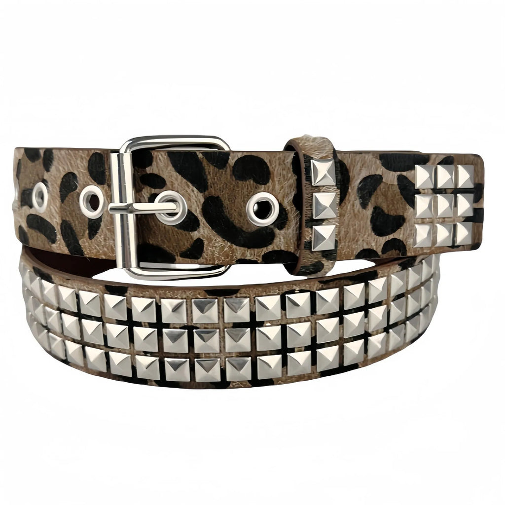 Brown leopard print women's punk belt with silver metal rivets and alloy buckle